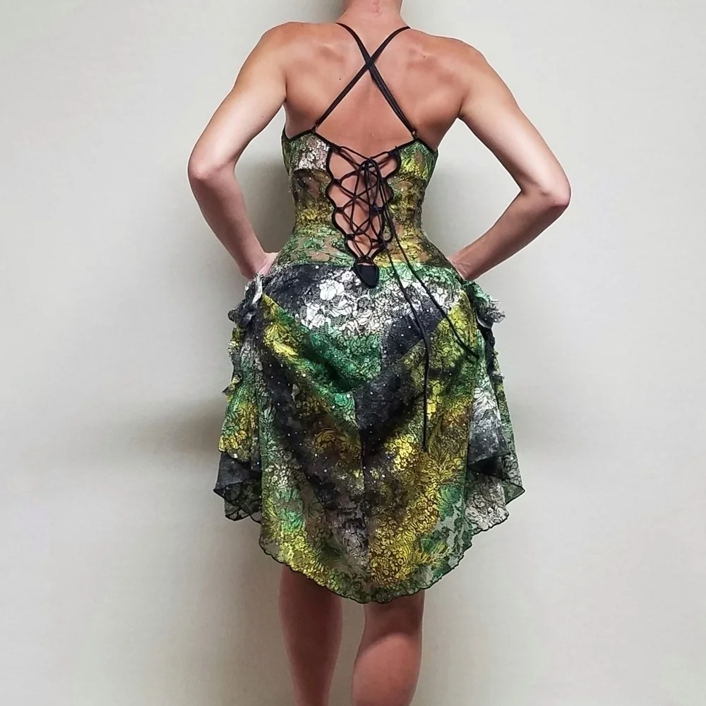 80s Rare Vintage Surprise Parties Green Tie-Dye Sheer Lace Lace-up Bustle Dress - Picture 4 of 16